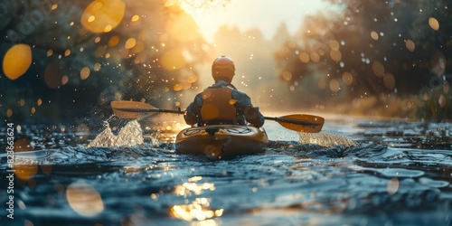 Kayaker on a serene river, surrounded by nature close up, focus on, copy space, fresh and invigorating hues, Double exposure silhouette with flowing water photo