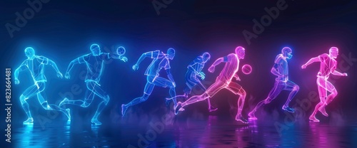 Neon Outlines Of Football Players In Action With Copy Space, Football Background