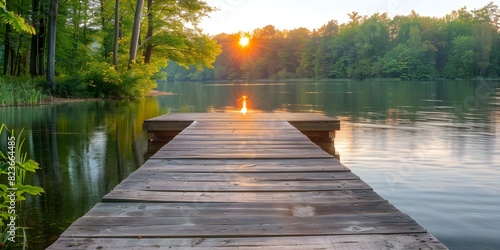 Serene lakeside view with a wooden dock amidst verdant surroundings. Concept Nature, Lakeside, Wooden Dock, Serene View, Verdant Surroundings photo