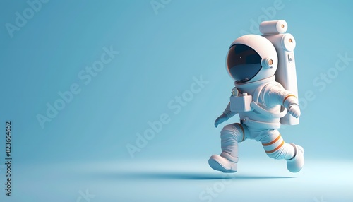 A 3D cartoon astronaut floating in space with a jetpack