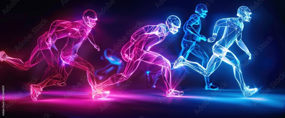 Fototapeta premium Neon Outlines Of Football Players In Action With Copy Space, Football Background