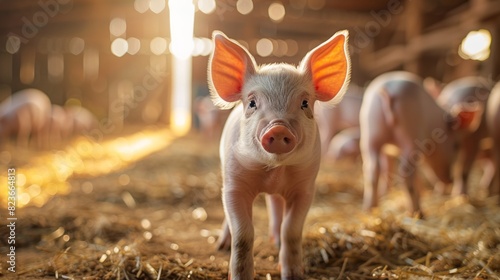 Adorable Piglet Standing on Straw in Sunlit Barnyard photo