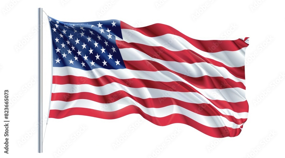 Obraz premium The American flag is waving in the wind, white background