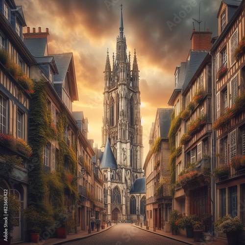 The Tower of St Romain Church, Rouen, from Rue Horlogue illustration vector Generative Ai