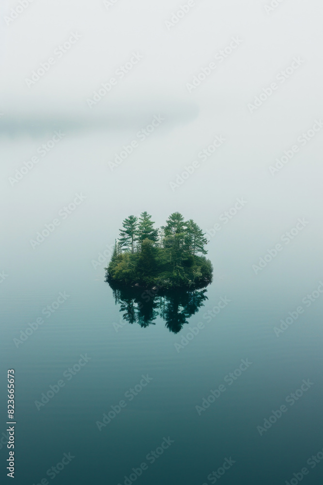 Fototapeta premium Aerial view of a lone island in the middle of a calm lake, surrounded by still water. Highlight the isolation and minimalist beauty of the scene, with the island as the focal point. 