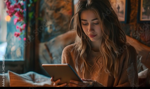 Describe the scene of a beautiful girl sitting and working with a tablet in a vibrant coffee shop. Capture the atmosphere, her surroundings, and the emotions that might be expressed in this moment,