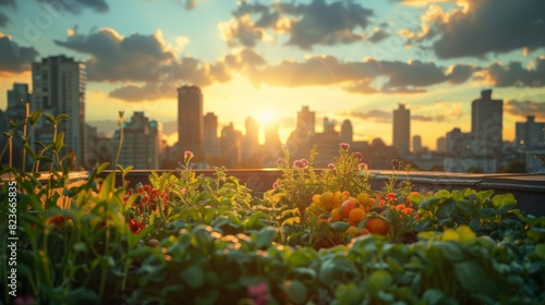 Green rooftop with flowers and vegetables, urban backdrop close up, focus on, copy space, lush and vibrant shades, Double exposure silhouette with city skyline photo
