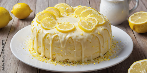 Symbols of birthday celebration. Birthday Cake.  Lemon Zest Zing  cake. photo