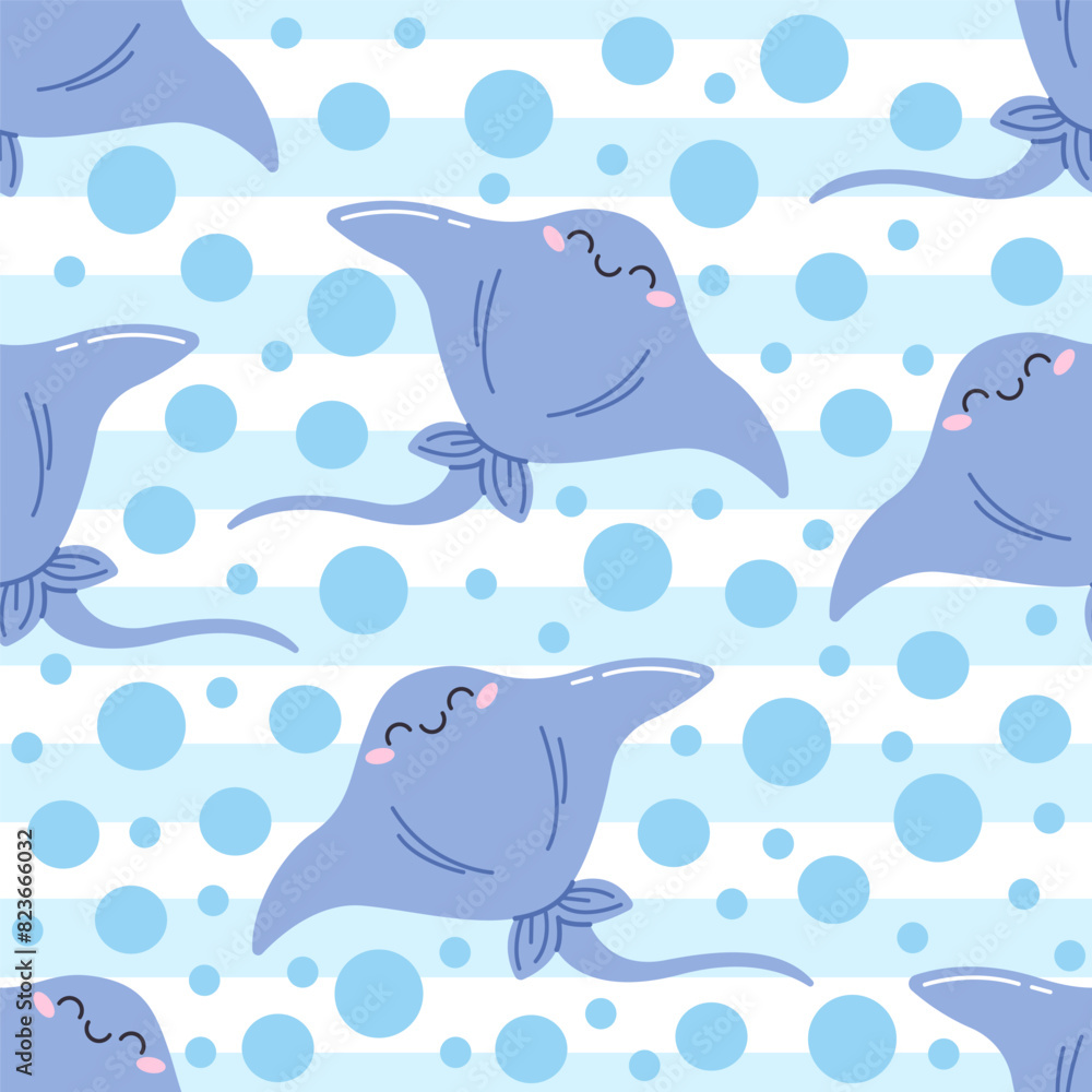 Naklejka premium A children's vector seamless pattern with a cute sea stingray and bubbles on a background of blue stripes. Ideal for baby bedding, wallpaper, wrapping paper, fabric, textiles, T-shirt prints