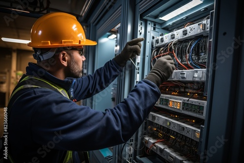 A man wearing a hard hat is focused on working on a server, using tools like a multimeter to test voltage. The server room is filled with cables and equipment, showcasing a technical environment