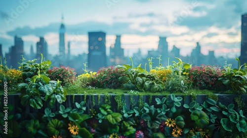 Green rooftop with flowers and vegetables  urban backdrop close up  focus on  copy space  lush and vibrant shades  Double exposure silhouette with city skyline