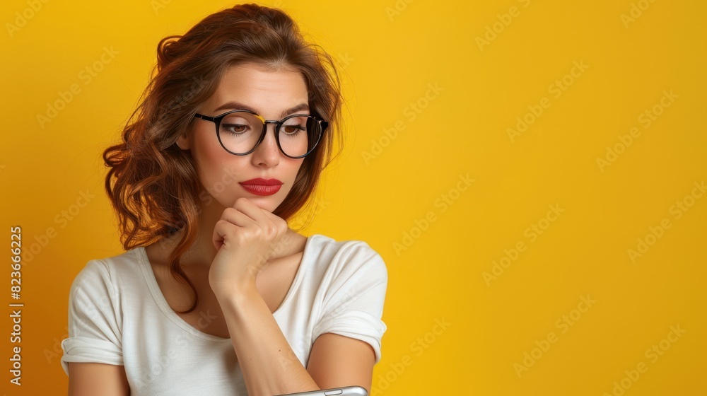 Waist Shot, Young woman with glasses looking serious down at her tablet Isolated on bright background. left copy space. Waist Shot, Young woman with glasses looking serious down at her tablet Isolated on bright background. left copy space.
