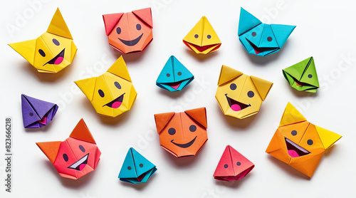 Group of many colorful happy smiley origami paper emoticons on white background. Generated by AI.