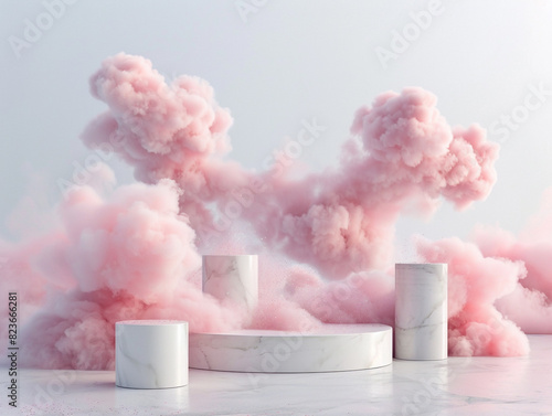 White podium from white limestone marble. Pink smoke as a background with small particle explosions in it. 
