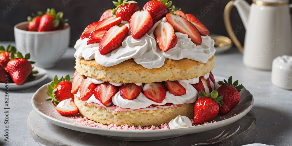 Symbols of birthday celebration. Birthday Cake.  Strawberry Shortcake  cake.