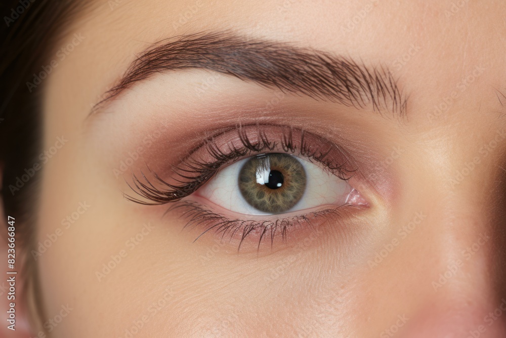 Obraz premium Macro shot showcasing a female's hazel eye with detailed makeup artistry