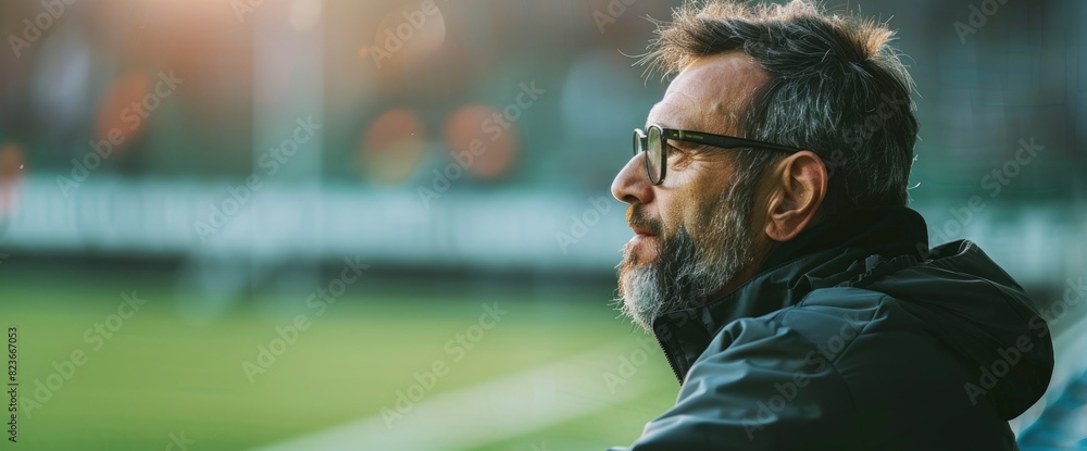 Obraz premium Sideline Coach Watching The Action Closely With Copy Space, Football Background