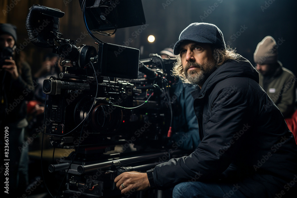 Film director directing a movie scene created with generative AI image Film director directing a movie scene created with generative AI image