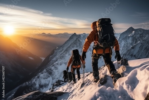 A group of brave alpinists are scaling a snowy peak with the help of ice axes. They are determined and focused as they make their way up the mountain, battling the cold and challenging terrain photo
