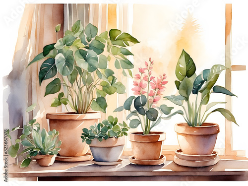 Houseplants pots on windowsill with sunlight