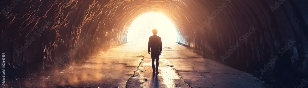 Fototapeta premium Student Emerges from Dark Tunnel into Radiant Light Symbolizing End of Challenging Exam Period