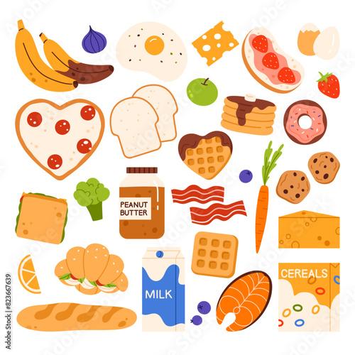 Breakfast food products set. Various tasty, nutritious meals to fresh ingredients collection. Grocery products for lunch. Vector illustration in cartoon style. Isolated on white background