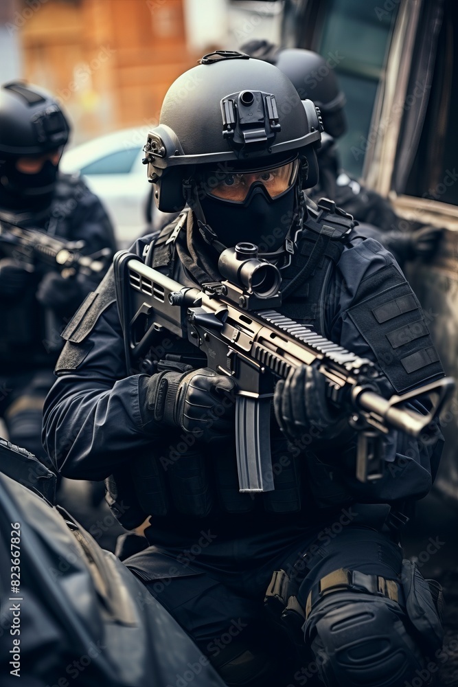 A group of men dressed in military gear are heavily armed with guns, possibly counter terrorism operatives. They appear to be coordinating their actions and preparing for a mission A group of men dressed in military gear are heavily armed with guns, possibly counter terrorism operatives. They appear to be coordinating their actions and preparing for a mission