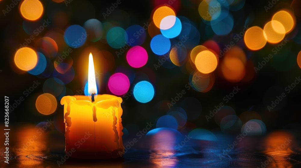Yellow candle burning in the night with bokeh.Burning candles with festive bokeh on a black background. holiday concept. concept of prayer, hope. Bright Lighted Candle with Colourful Background Yellow candle burning in the night with bokeh.Burning candles with festive bokeh on a black background. holiday concept. concept of prayer, hope. Bright Lighted Candle with Colourful Background
