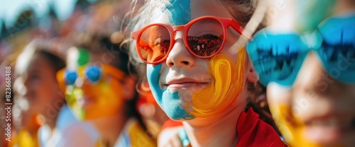 Young Fans With Faces Painted In Team Colors With Copy Space, Football Background