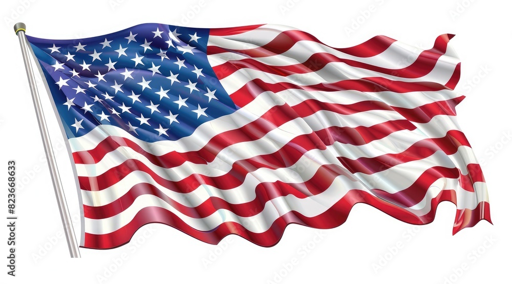 Obraz premium The American flag is waving in the wind, white background