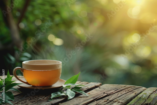 A cup of bamboo leaf tea on a wooden table on a nature background  a big copy space