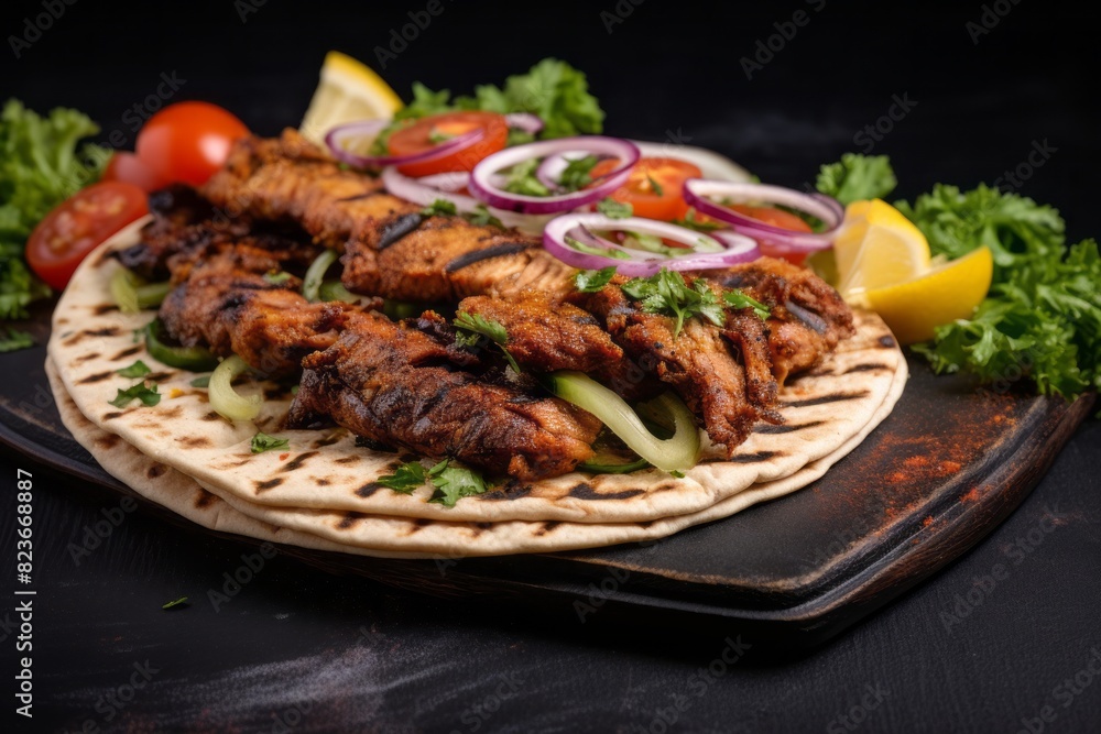 Exquisite kebab on a slate plate against a rustic textured paper background