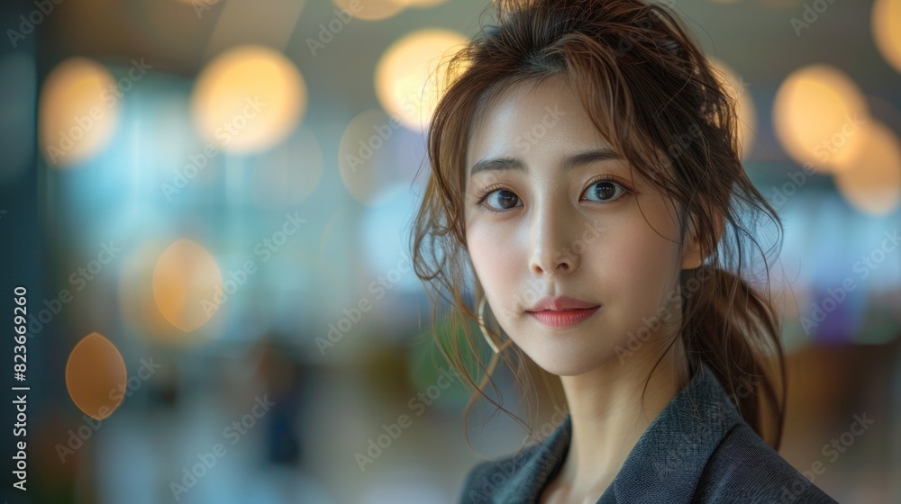 Korean beauty secretary in a sleek business suit, holding a customer rating report Korean beauty secretary in a sleek business suit, holding a customer rating report