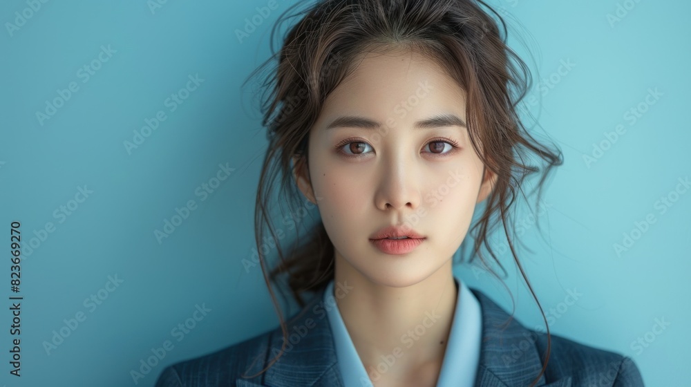 Korean beauty secretary in a sleek business suit, holding a customer rating report