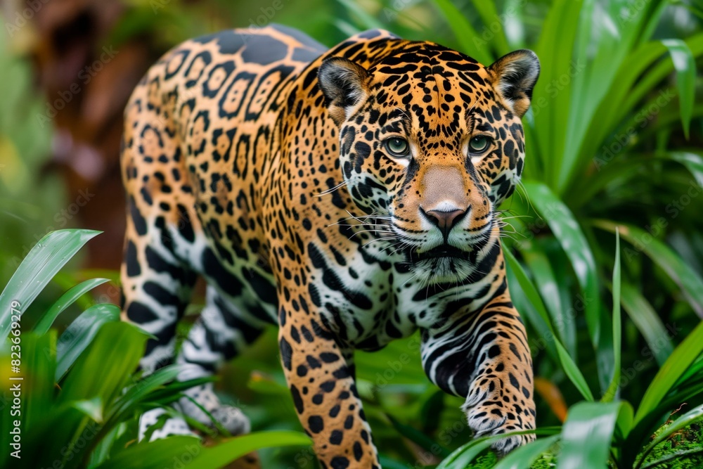 Obraz premium Jaguar walking through the rainforest