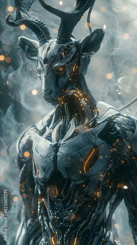 Enigmatic Cyborg Deer Warrior in Swirling Otherworldly Smoke - 3D Render © lertsakwiman