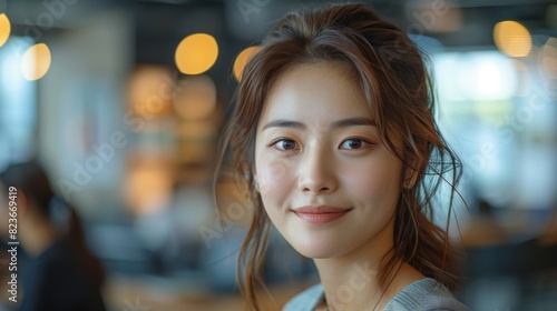 Elegant Korean beauty secretary in a minimalistic office, customer ratings shown on a projector