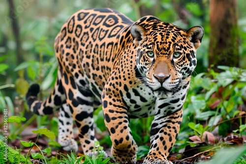 Jaguar walking through the rainforest