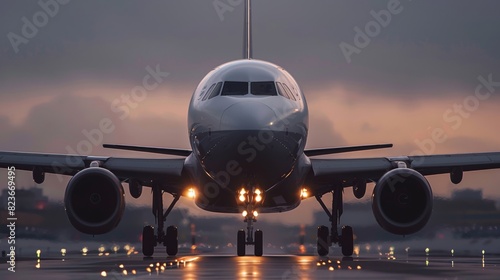 The closeup image captures a commercial airplanes wingtip and the runway below during its landing showcasing a realistic and minimal view, Generated by AI photo