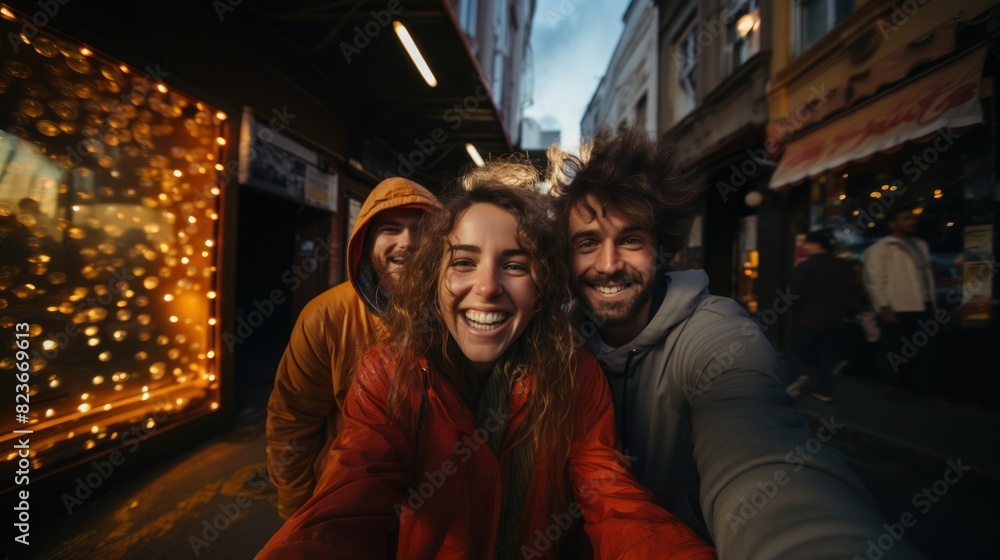 A cheerful group of three friends taking a selfie in a vibrant urban setting, showcasing joy and togetherness A cheerful group of three friends taking a selfie in a vibrant urban setting, showcasing joy and togetherness