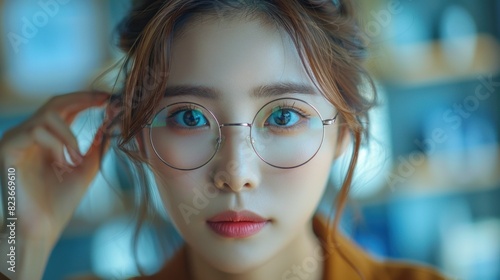 Korean beauty secretary adjusting her glasses, customer rating chart in the background photo