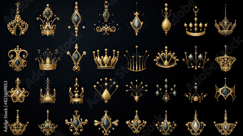 An exquisite set of golden crowns and royal jewels presented on a dark background, illustrating wealth and power photo
