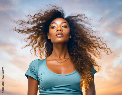 Fotografia de meio corpo de mulher negra, bonita, cabelos esvoaçantes, e céu claro ao fundo. photo