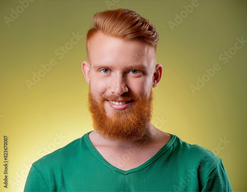 Close up em um homem ruivo sorridente, com barba, camiseta verde, fundo verde oliva.  photo