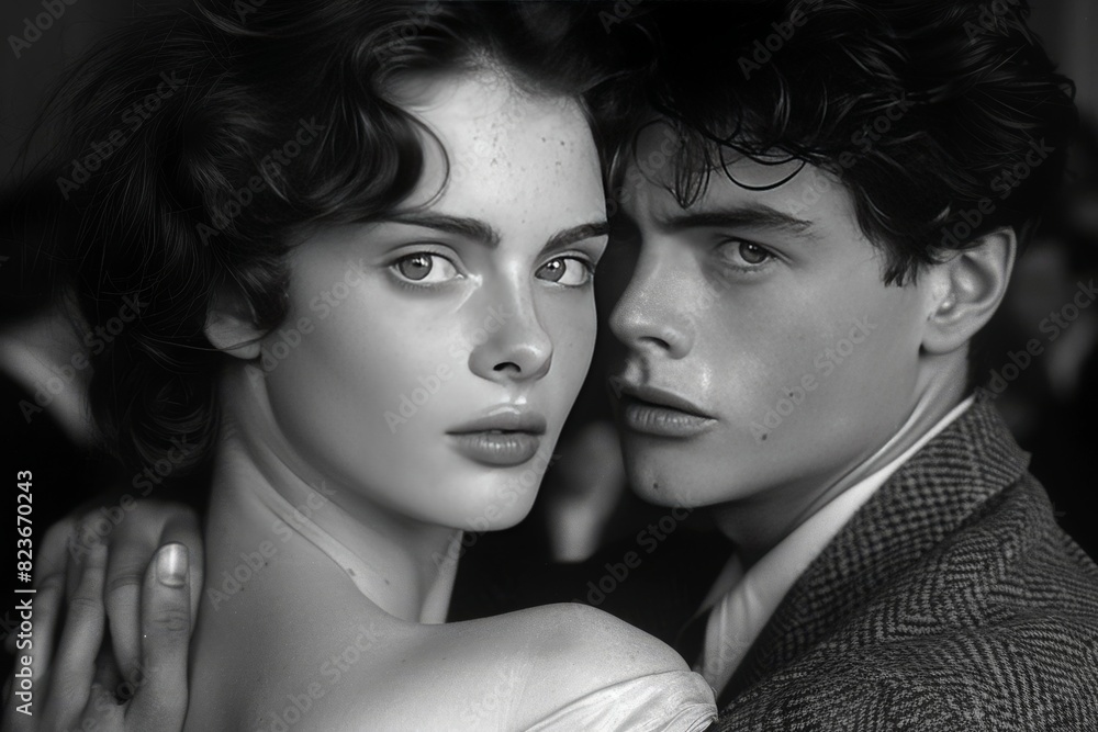 Fototapeta premium Man and Woman Standing Together in Black and White