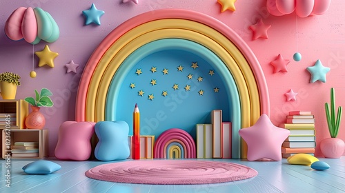 Wallpaper Mural Colorful and whimsical children's playroom with rainbow-themed decor, star accents, soft pillows, and bookshelves, creating a vibrant and cozy space. Torontodigital.ca