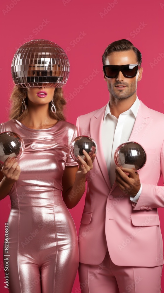 A fashionable couple in shiny metallic outfits holding disco balls against a bright pink background for a retro vibe A fashionable couple in shiny metallic outfits holding disco balls against a bright pink background for a retro vibe