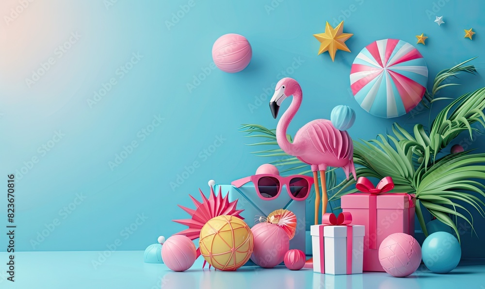 Colorful summer-themed decor with flamingo, sunglasses, and presents against a bright blue background, evoking fun and joy.