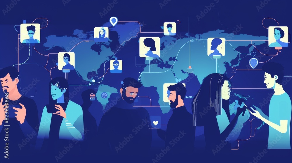 Illustration of diverse individuals connected via a global map with social media icons, highlighting digital communication and global connectivity Illustration of diverse individuals connected via a global map with social media icons, highlighting digital communication and global connectivity