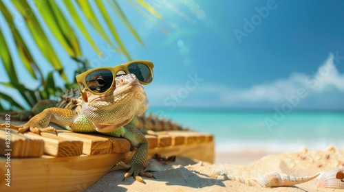 Cool lizard relaxing on a sunny tropical beach, wearing sunglasses. Perfect summer vacation and travel concept.